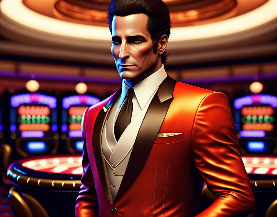 Man in Orange Blazer Stands in Casino Setting