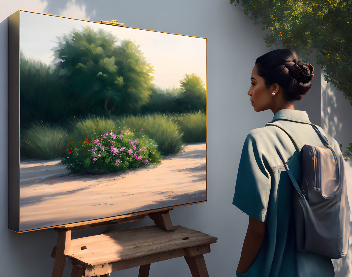 Backpack-wearing individual views realistic landscape painting outdoors