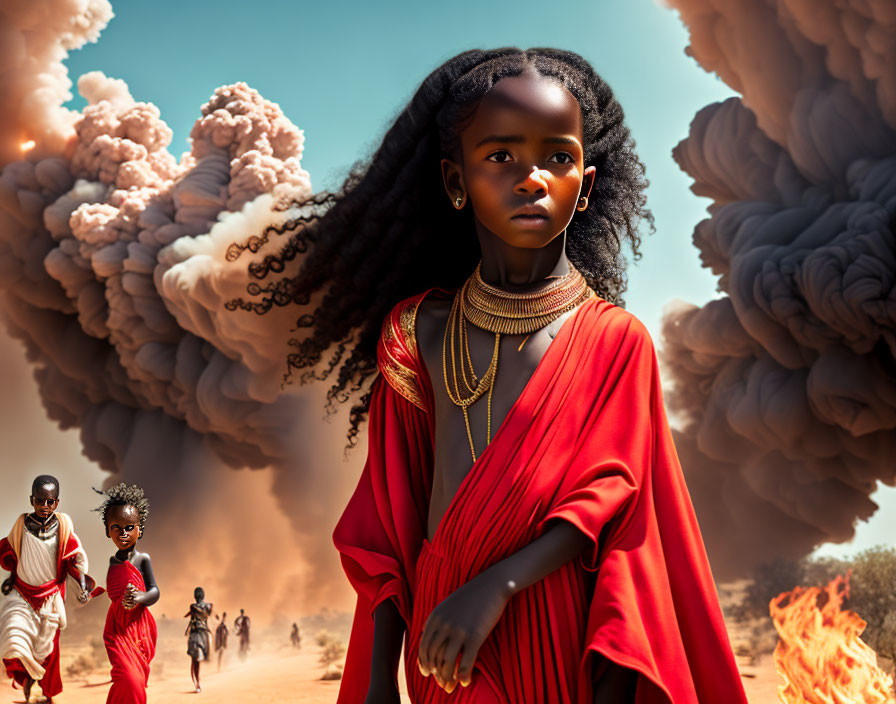 Young girl in red dress amidst chaotic, apocalyptic scene