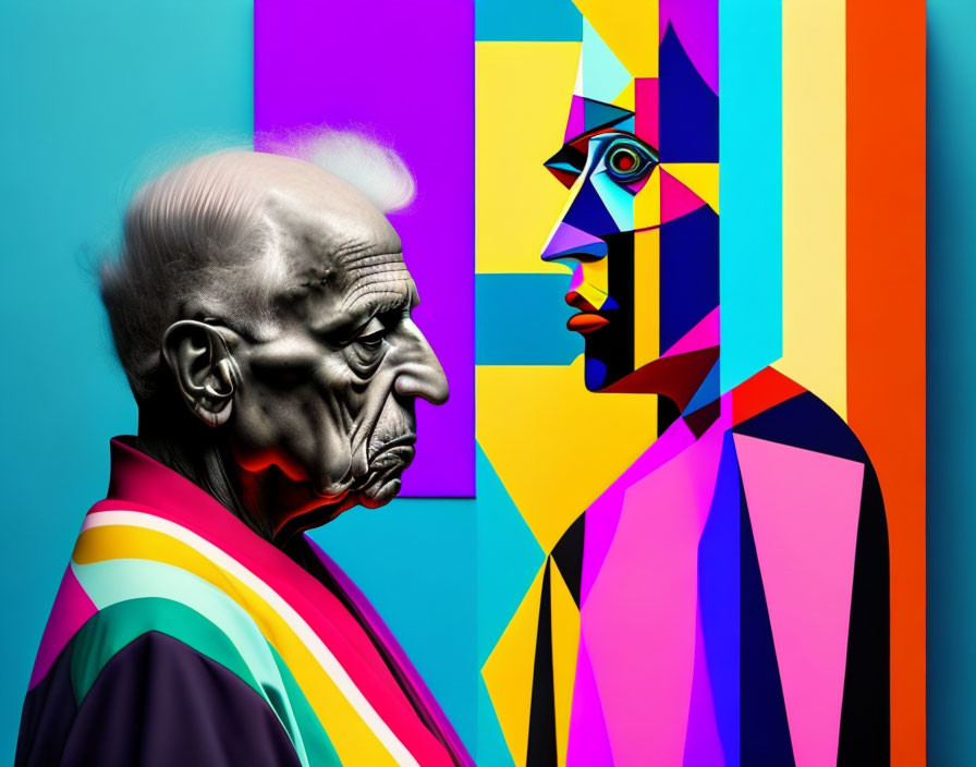 Vibrant digital artwork: Elderly man profile meets cubist face on colorful backdrop