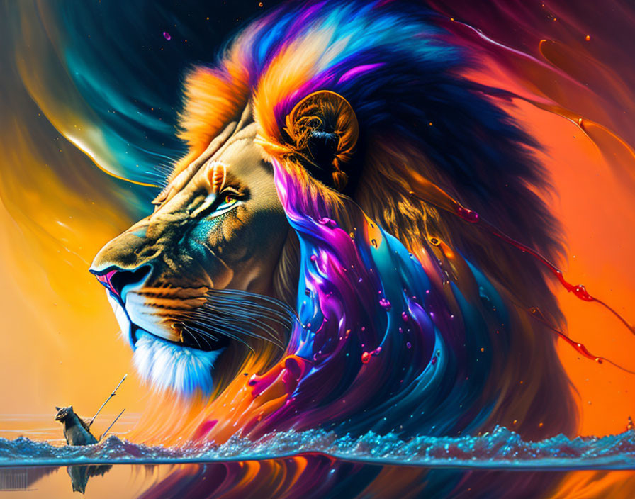 Colorful Lion Digital Artwork with Flowing Mane on Fiery Abstract Background