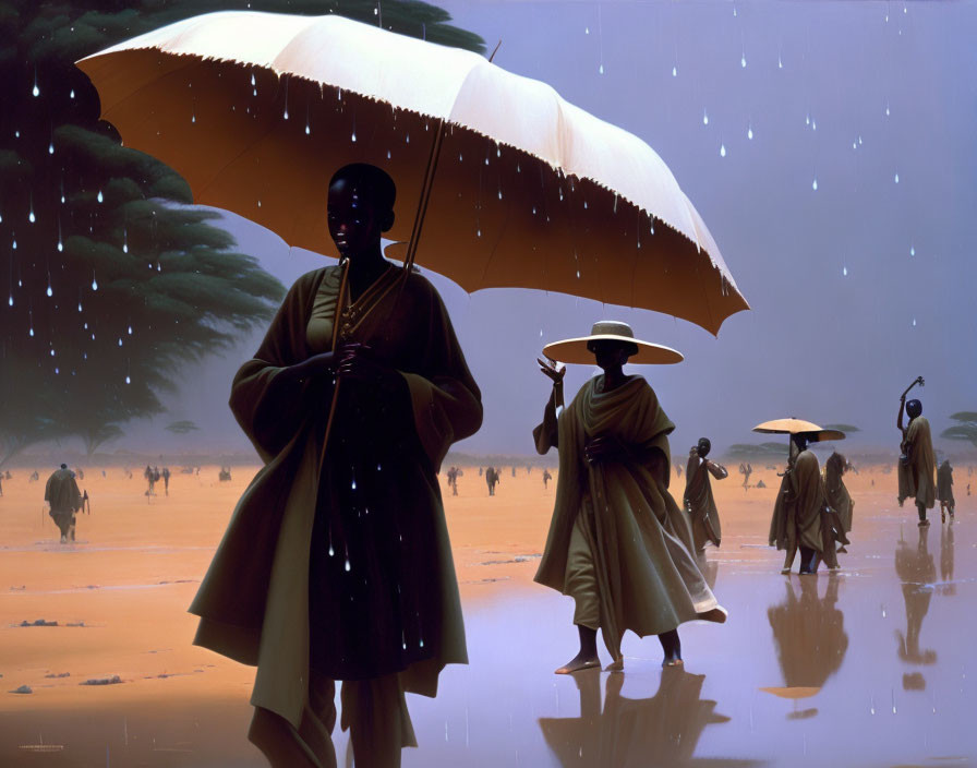 Silhouetted figures with umbrellas in traditional attire in rainy scene