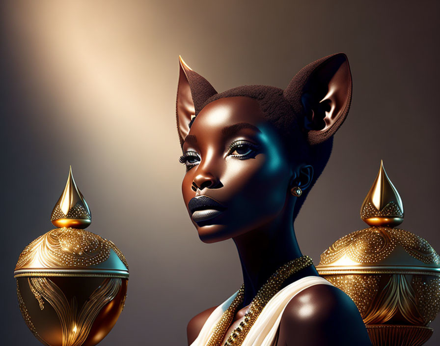 Stylized woman with feline ears, glossy skin, and golden jewelry on warm, dark backdrop