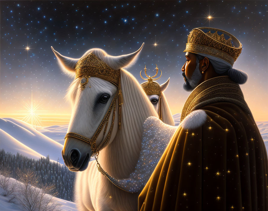 Regal figure with crown and horse in snowy landscape