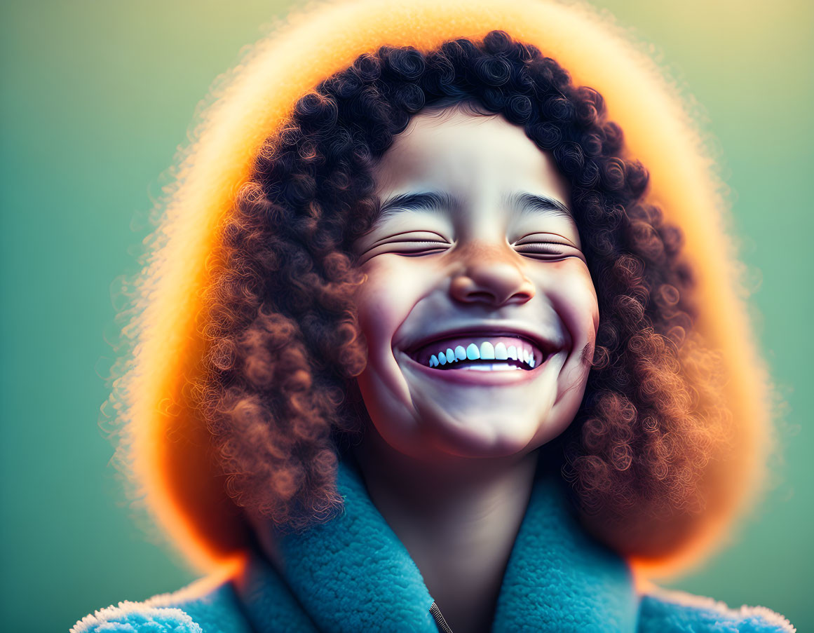 Smiling Child with Curly Hair on Green Background