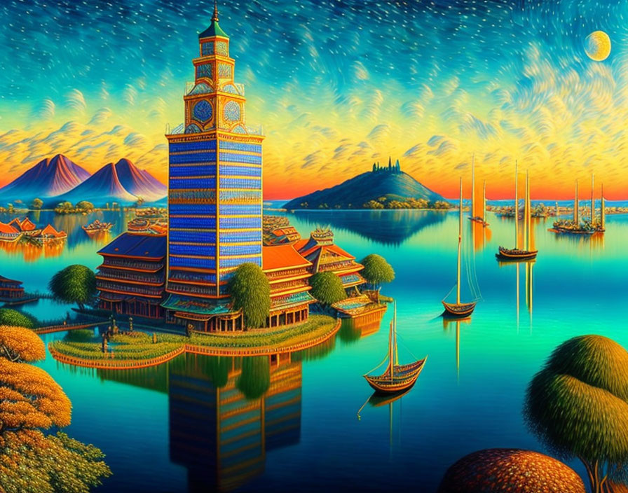 Stylized illustration of pagoda by lake under starry sky