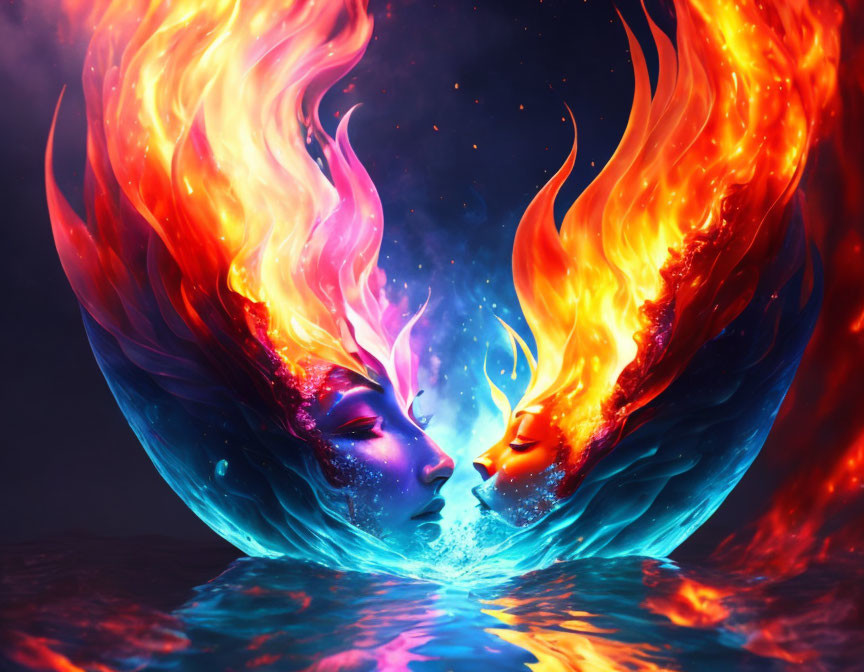 Dual profile artwork: fire and water merge in cosmic embrace