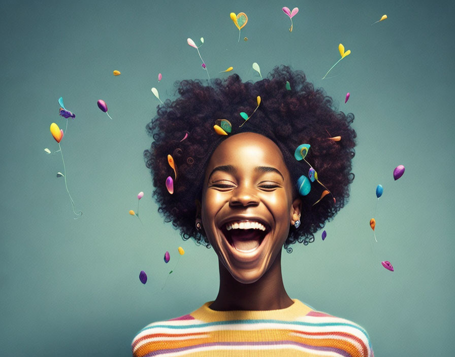 Colorful confetti and balloons in hair on teal background.