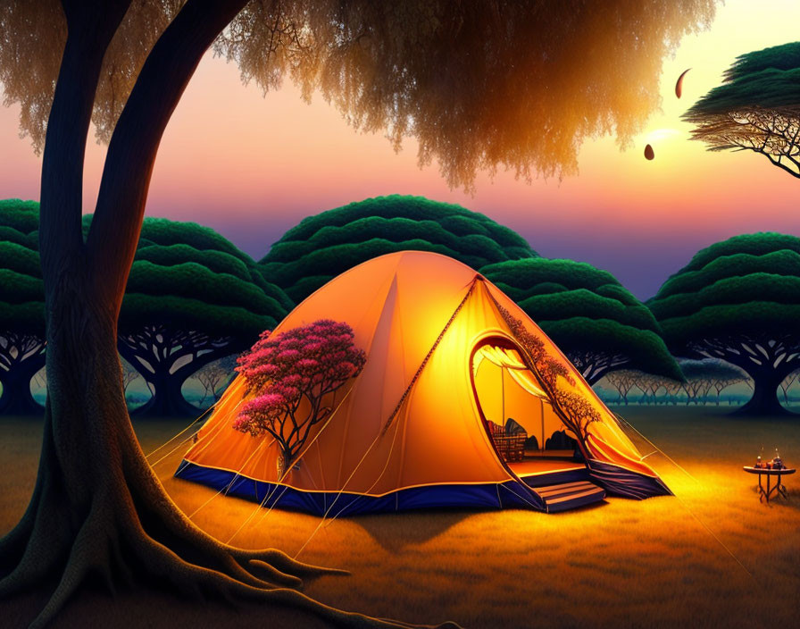 Glowing tent under large tree at dusk with warm sunset sky.