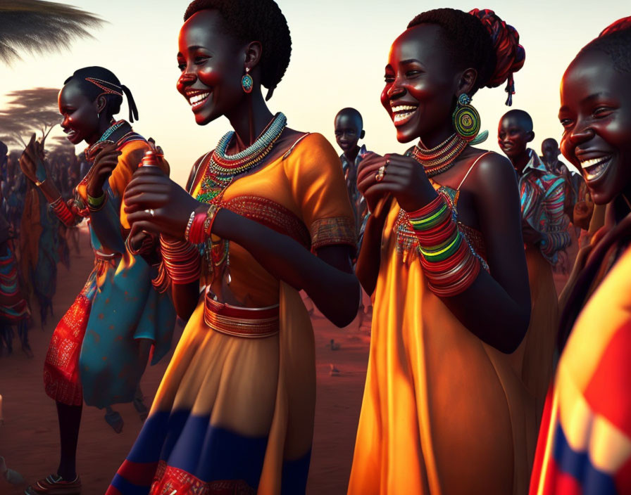 Women in Traditional African Attire Dancing at Dusk