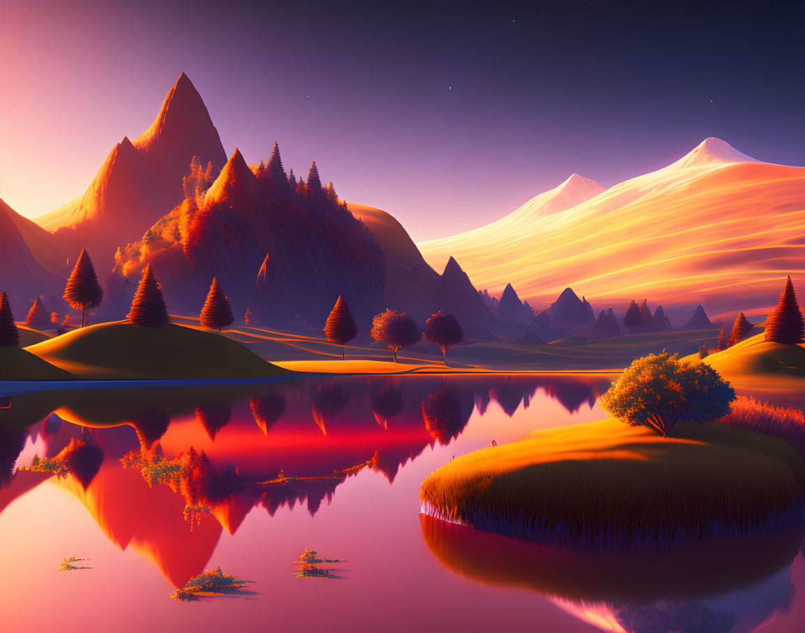 Tranquil digital artwork: Vibrant sunset over serene lake