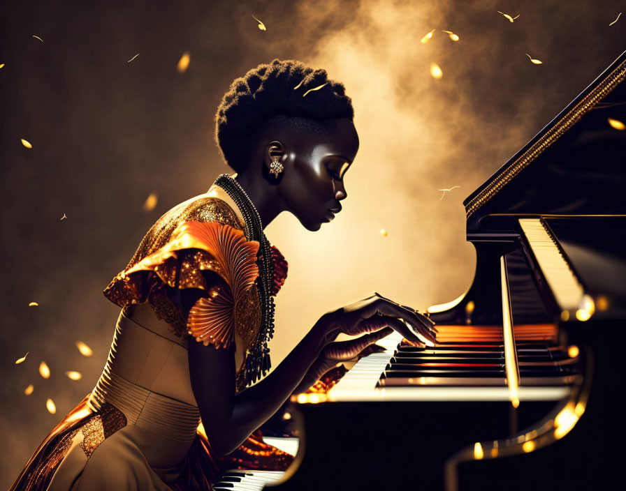 Elegant person with intricate hairstyle playing grand piano in warm glow