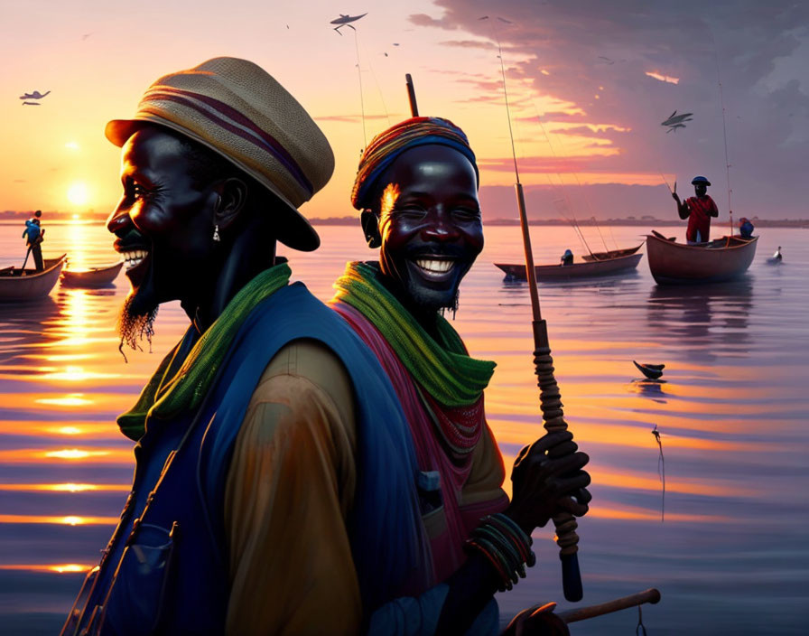 Colorful fishermen in straw hats on boat at sunset