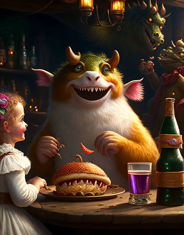 Fantasy creature and girl enjoying burger and drink in whimsical tavern