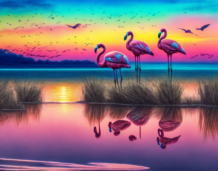 Scenic sunset over calm lake with flamingo silhouettes