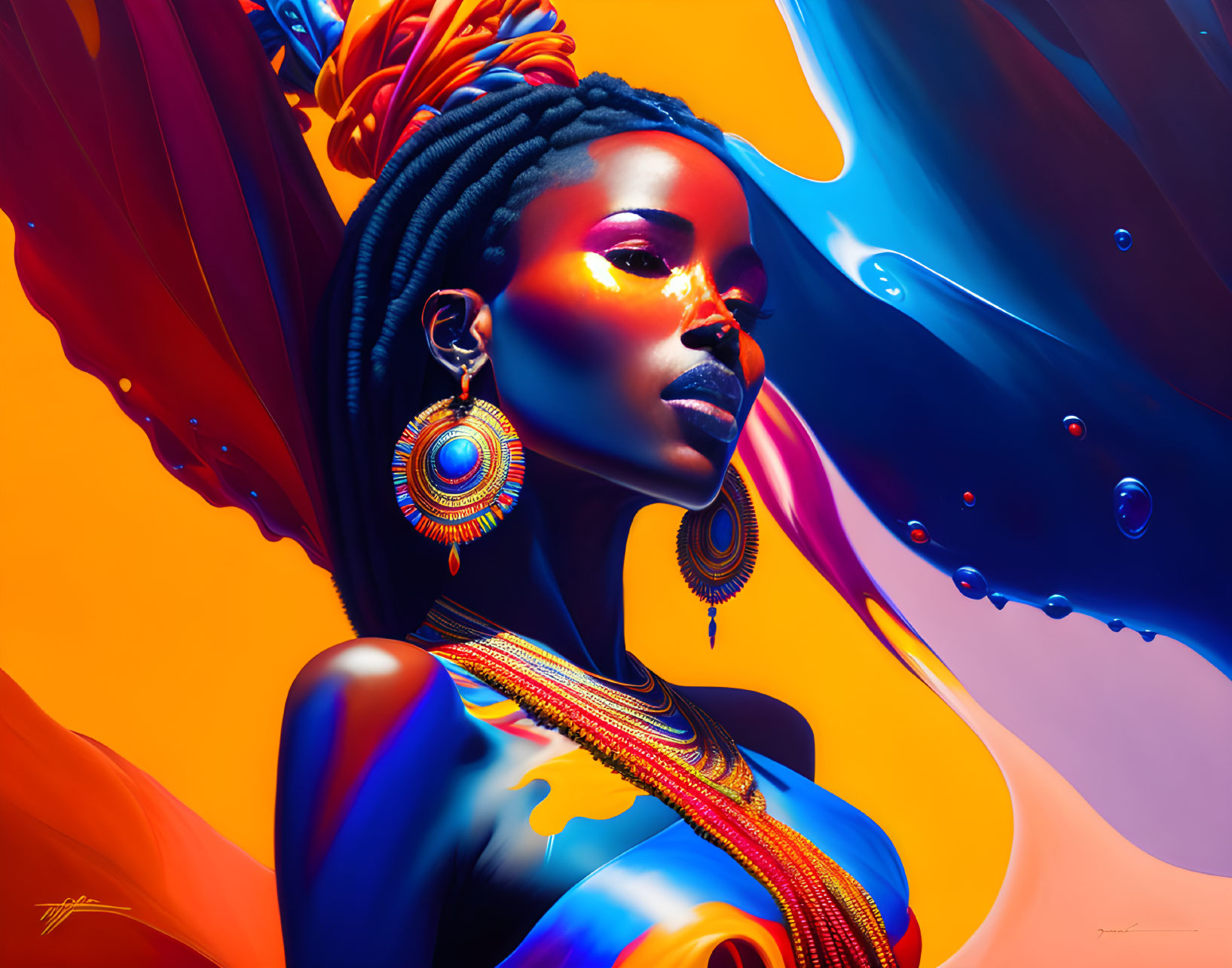 Colorful abstract portrait of a woman with detailed earrings and striking features