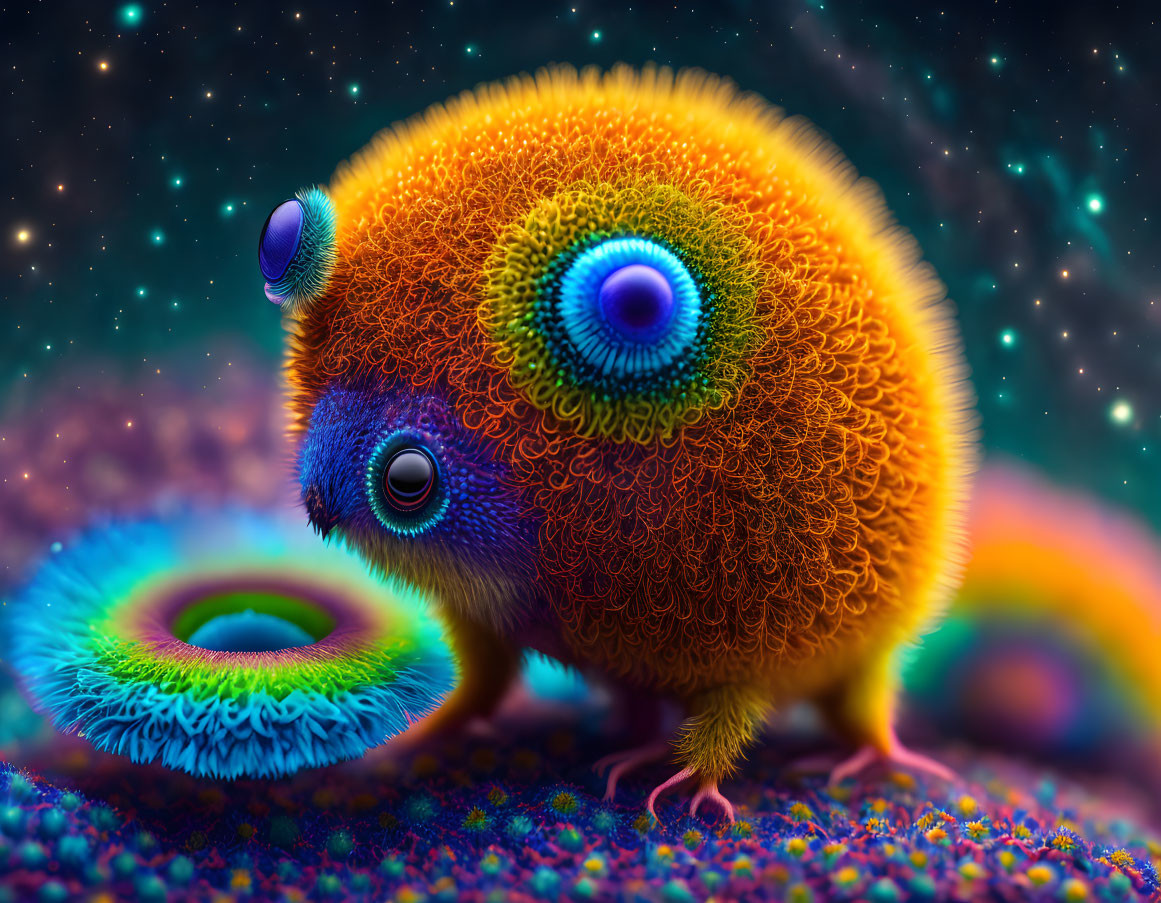 Colorful Fluffy Spherical Creature with Vibrant Patterns on Starry Background