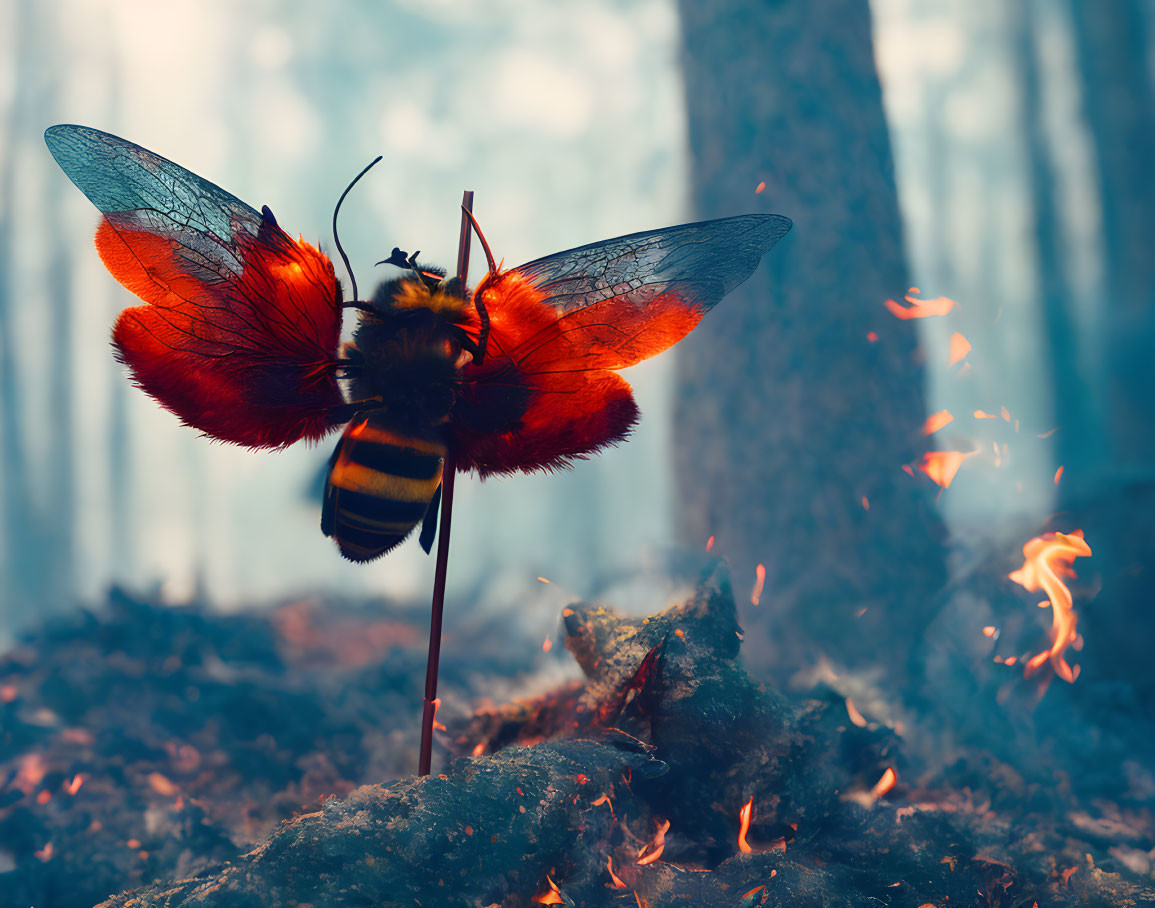 Large Bee with Translucent Wings in Mystical Forest Scene