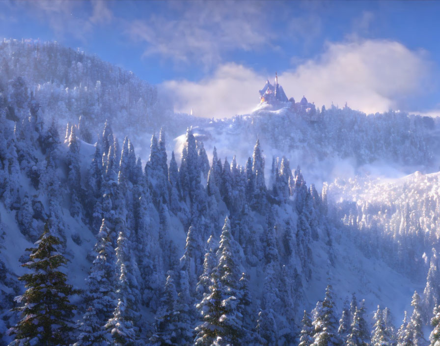 Snowy Pine Trees and Castle on Mountain Peak in Winter Scene