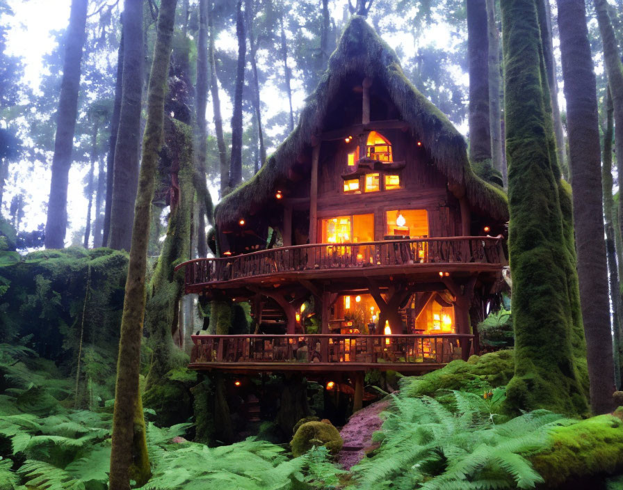 Moss-covered treehouse with glowing windows in misty forest