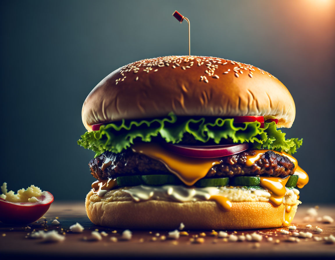 Sesame Seed Cheeseburger with Lettuce and Tomato on Dark Background