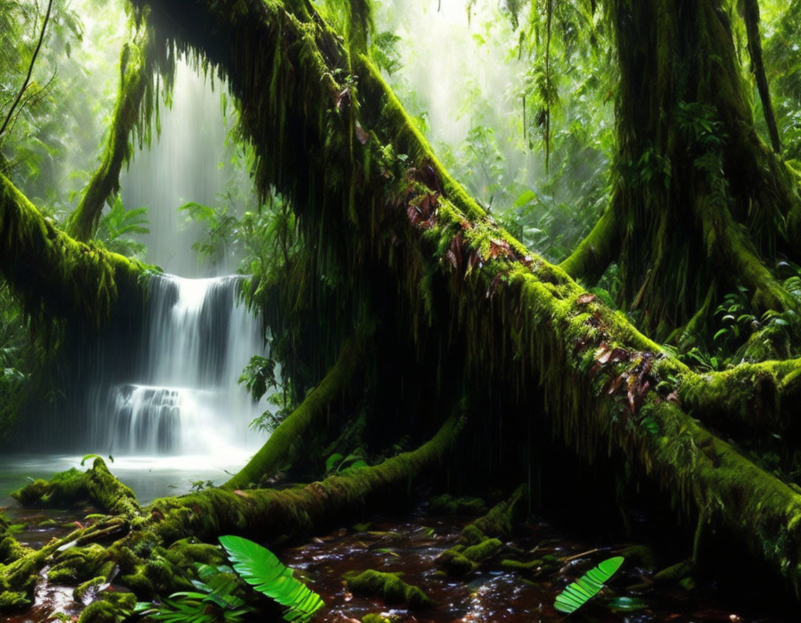 Tranquil waterfall in lush green rainforest