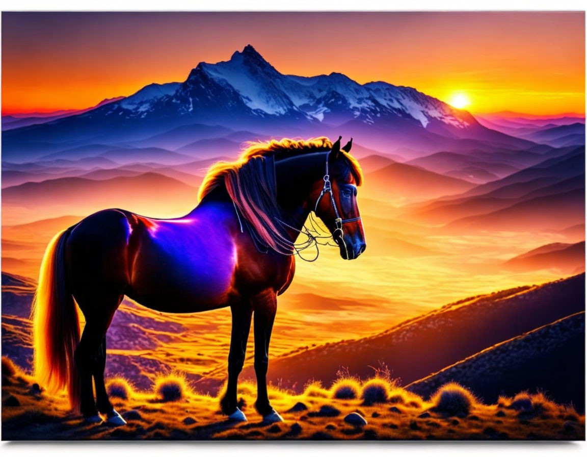 Majestic horse on hill at sunset with vibrant mountain layers