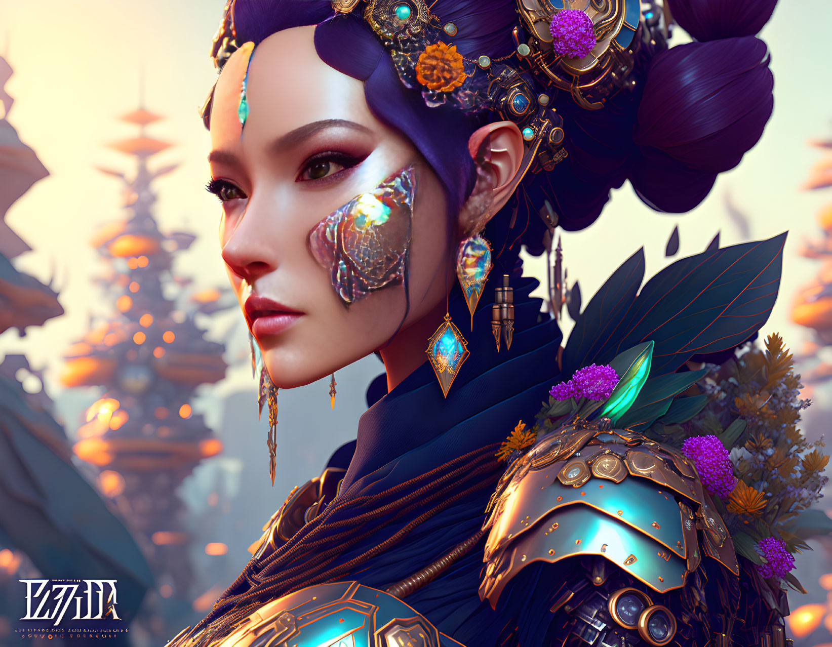 Fantasy digital artwork: Woman in vibrant, Asian-inspired armor