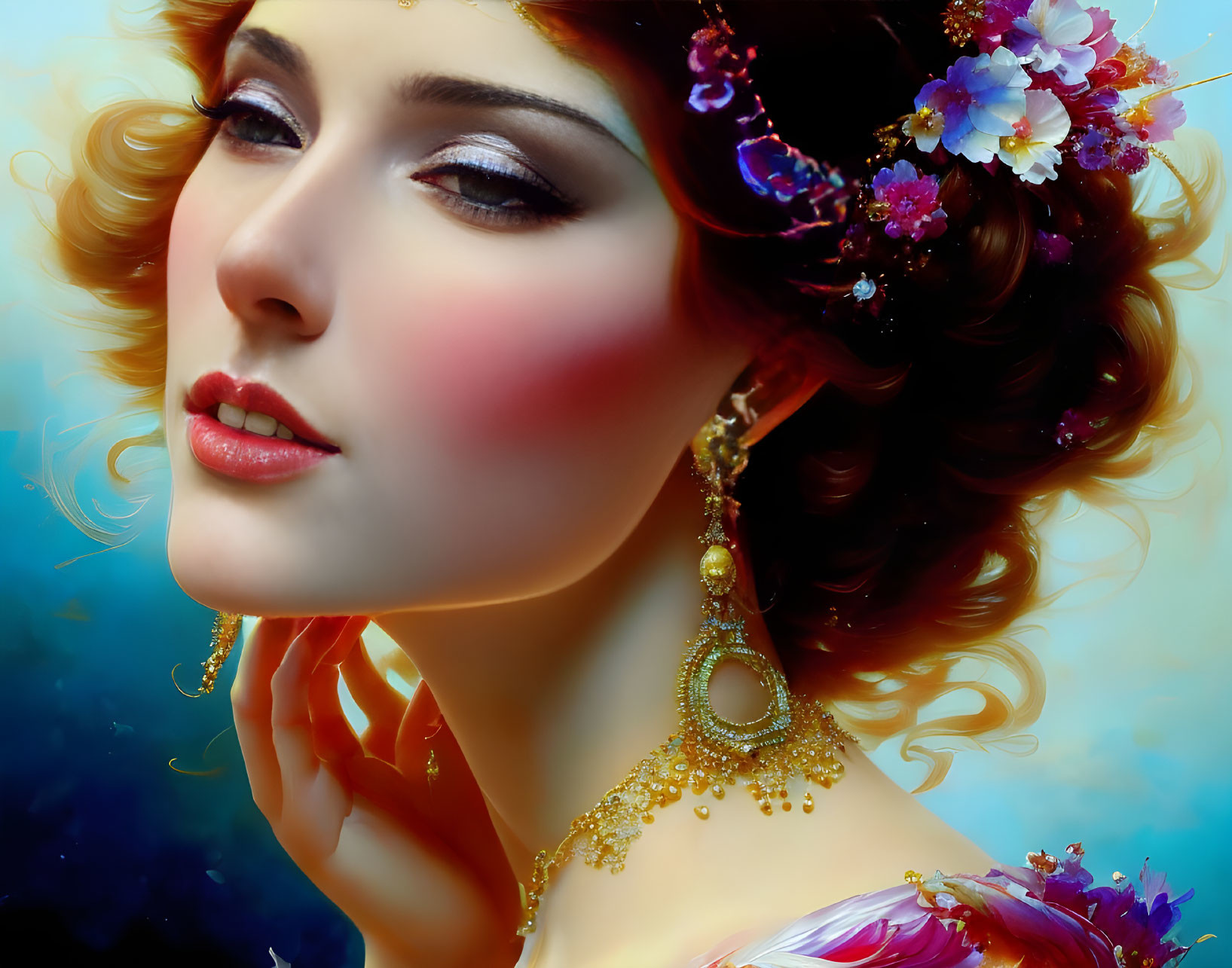 Illustrated portrait of a woman with stylized makeup and floral hair accessories.