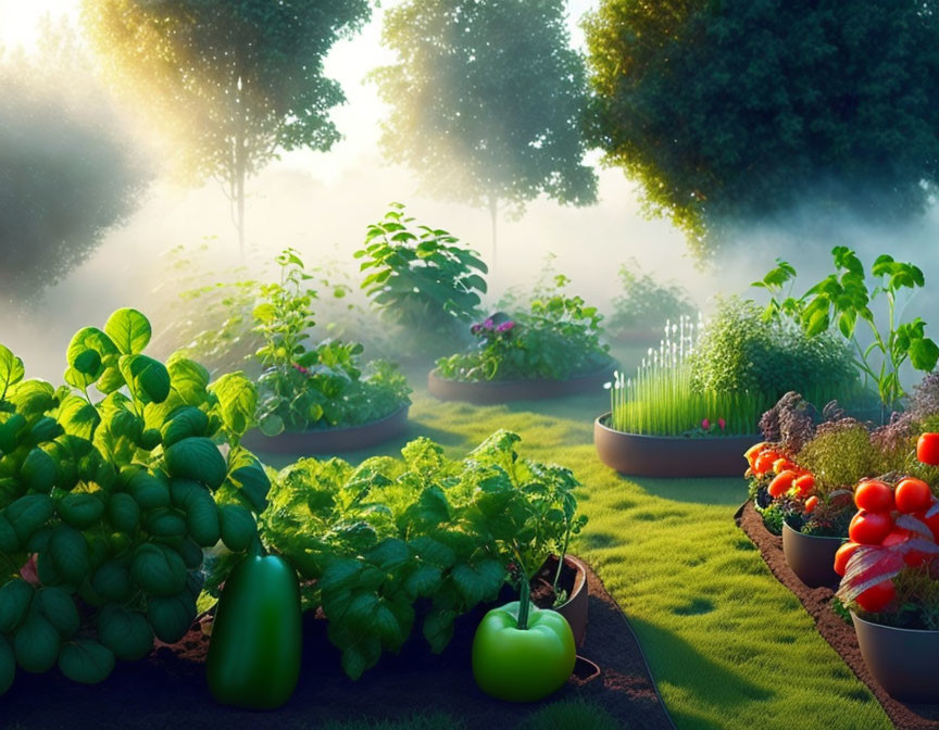 Vegetable and Plant-Filled Garden in Pots on Misty Morning