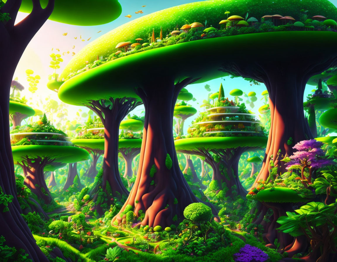 Fantasy forest with oversized mushrooms and glowing atmosphere