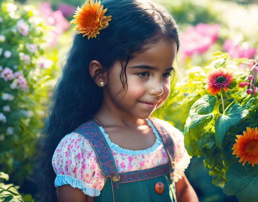 Young girl smiling with flower in hair in lush garden