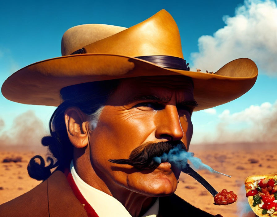 Rugged cowboy smoking cigar in desert with blue skies