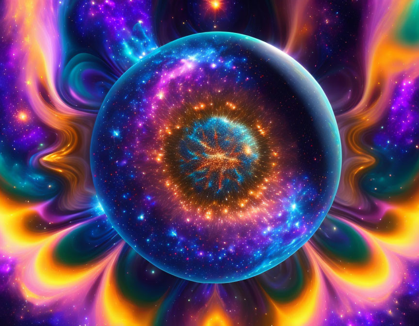 Colorful digital artwork: Cosmic sphere with swirling nebulae in blue, purple, and gold