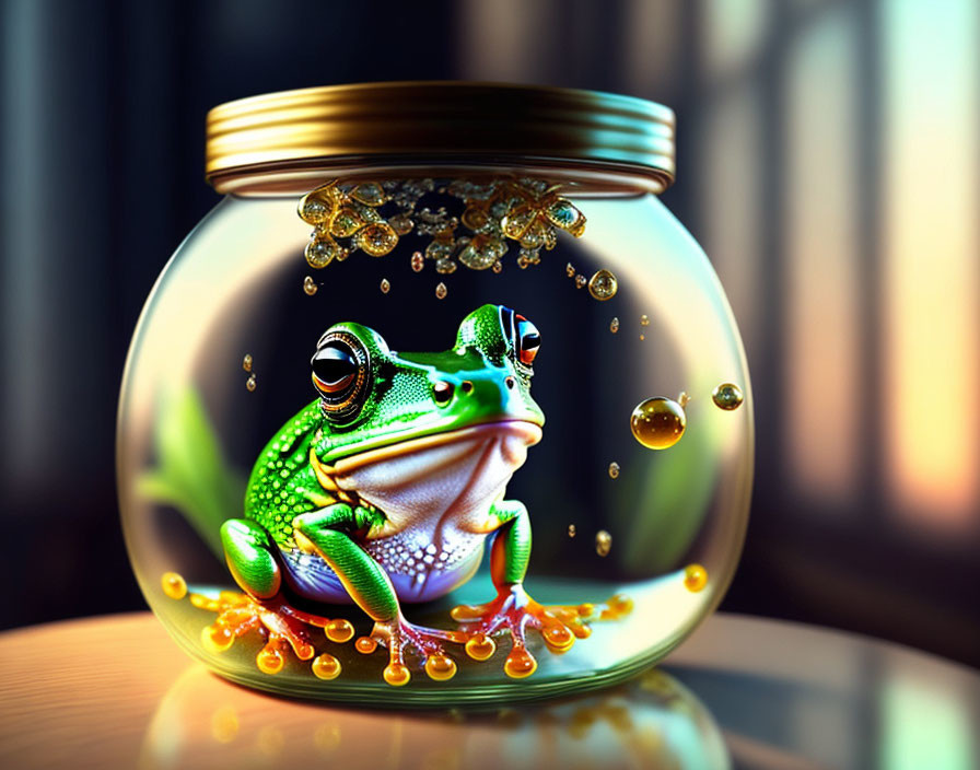 Colorful Frog with Red Eyes in Glass Jar Amid Golden Bubbles