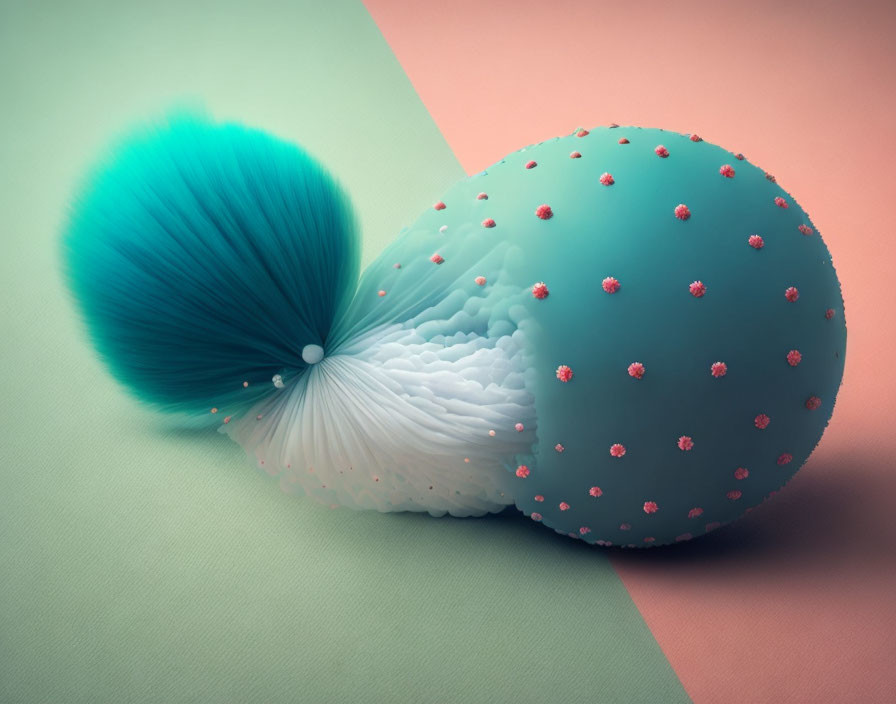 3D-rendered textured egg with blue-white gradient and red dots on fluffy cyan tail, dual-ton