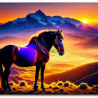 Majestic horse on hill at sunset with vibrant mountain layers