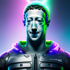 Digital artwork: Person in glowing armor on neon background