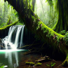 Tranquil waterfall in lush green rainforest