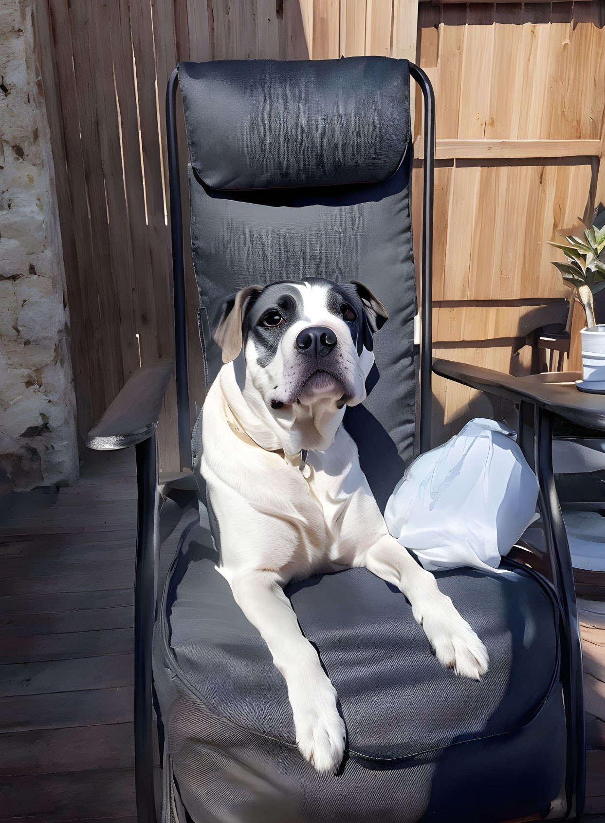 Black and White Dog on Outdoor Lounge Chair with Wooden Fence and Plant