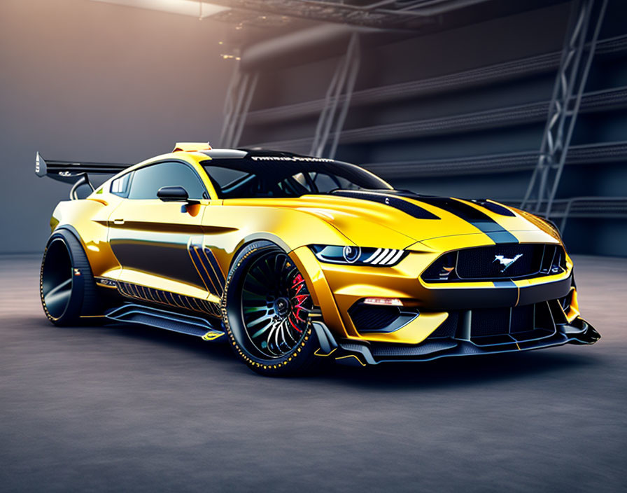 Yellow Sports Car with Black Racing Stripes and Rear Spoiler in Showroom Display