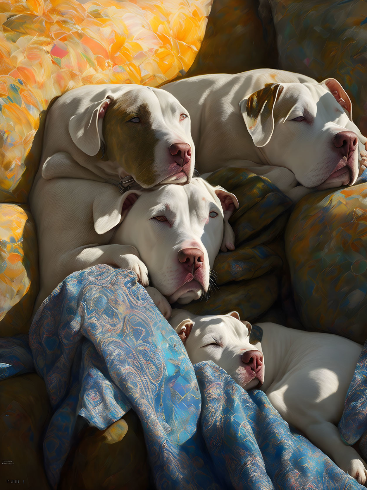 Four Dogs Sleeping Together on Cozy Patterned Blanket