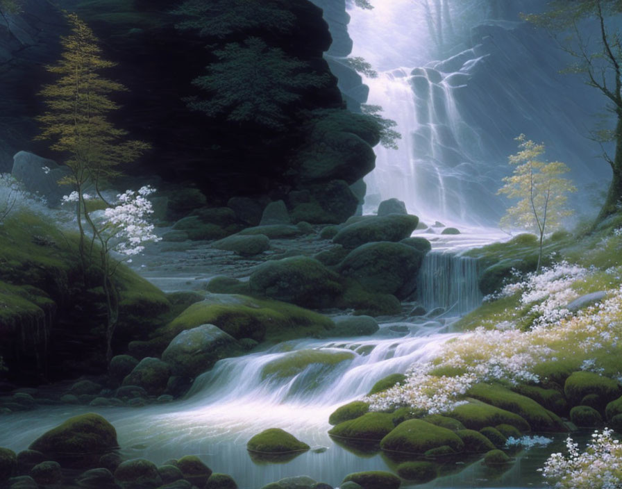 Tranquil forest scene with cascading waterfall and blooming flowers