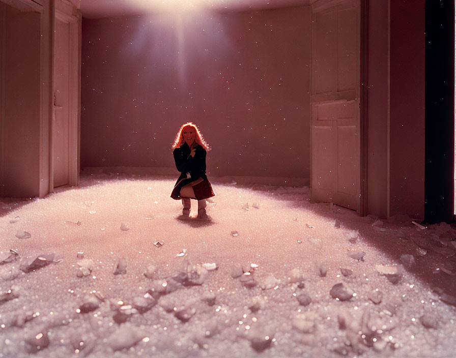 Person standing in snow under light beam in red-lit room with open doors