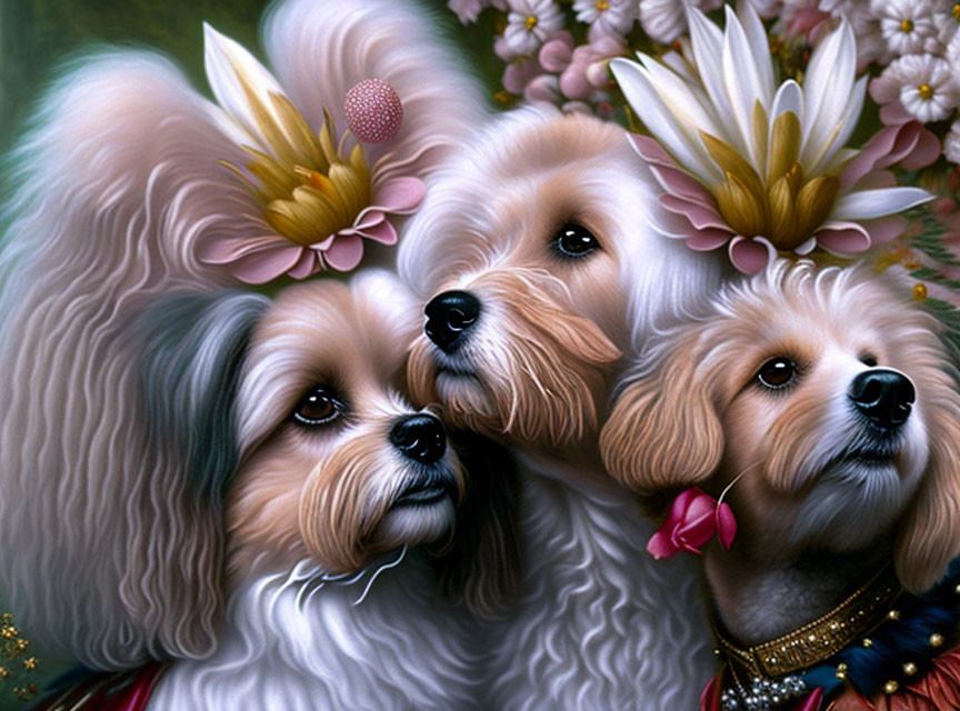 Fluffy Dogs with Flowers on Heads in Floral Setting