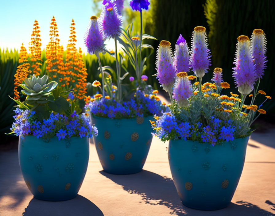 Colorful flowers in three blue flowerpots under sunlight with trimmed hedge background