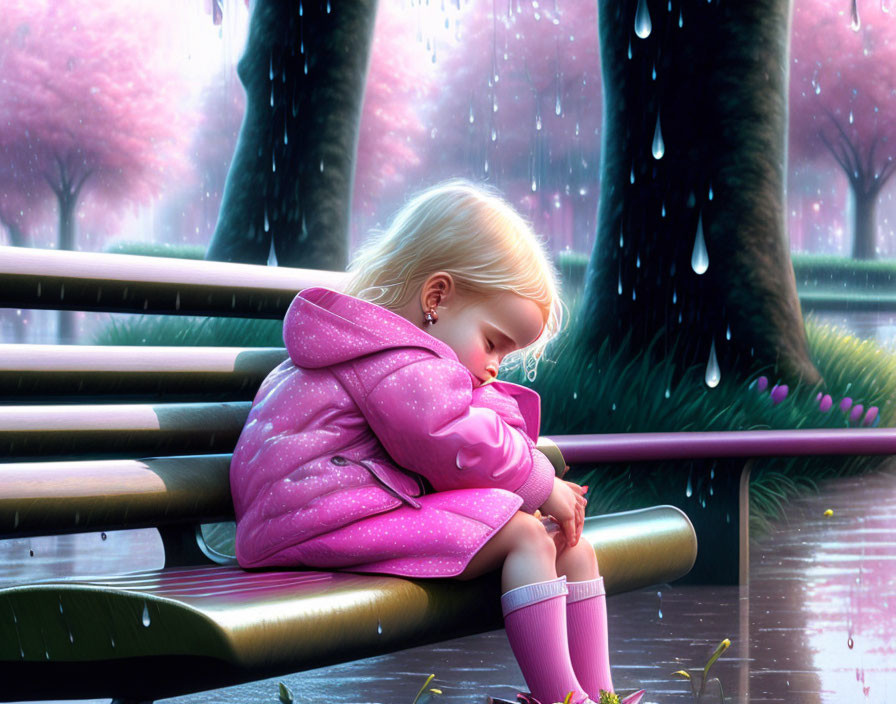 Animated girl on bench in magical rain-soaked park with pink blossoming trees