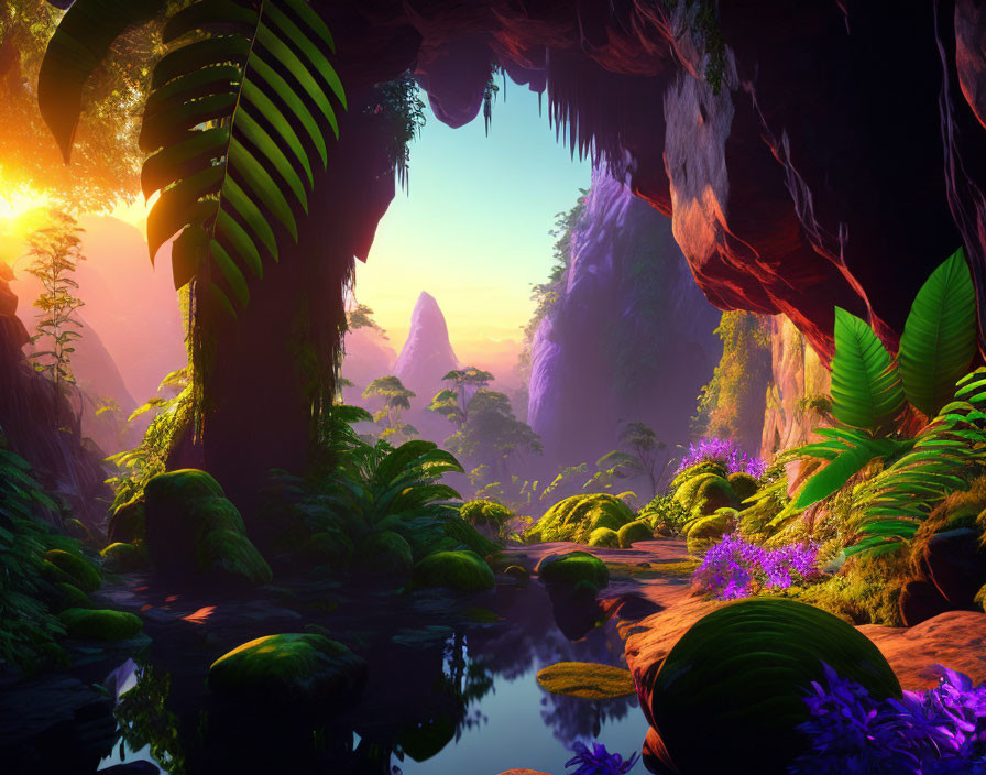 Tranquil digital artwork: Mystical jungle with lush foliage, serene river, moss-covered stones,