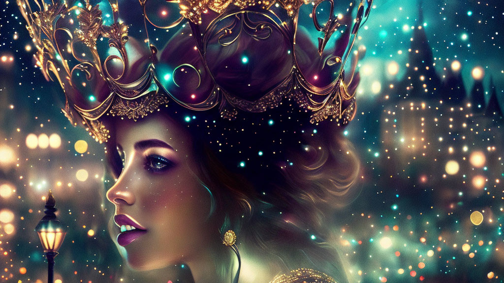 Regal woman with ornate crown in mystical nightscape.