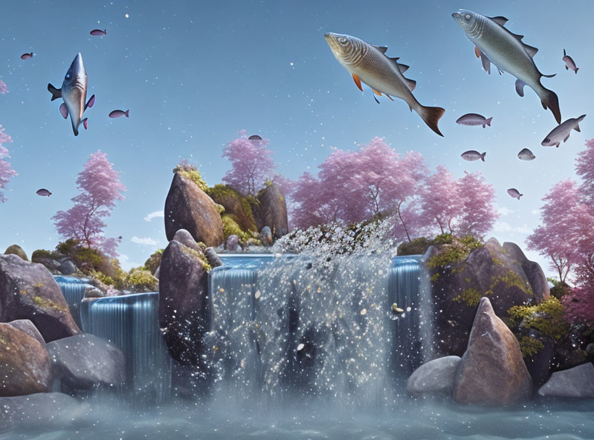 Vibrant surreal landscape with flying fish above waterfalls and cherry blossoms